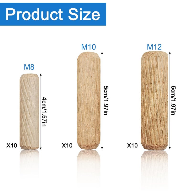 CKANDAY 30Pcs Assorted Wooden Dowel Pins,M8 M10 M12 Fluted Hardwood Grooved Plugs for Furniture Woodworking, DIY Crafts Carpentry - Image 2